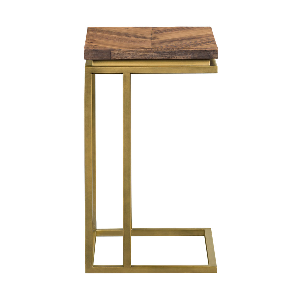 Faye Rustic Brown Wood C-Shape End table with Antique Brass Base