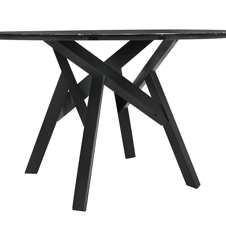 Venus 54" Round Mid-Century Modern Black Marble Dining Table with Black Wood Legs