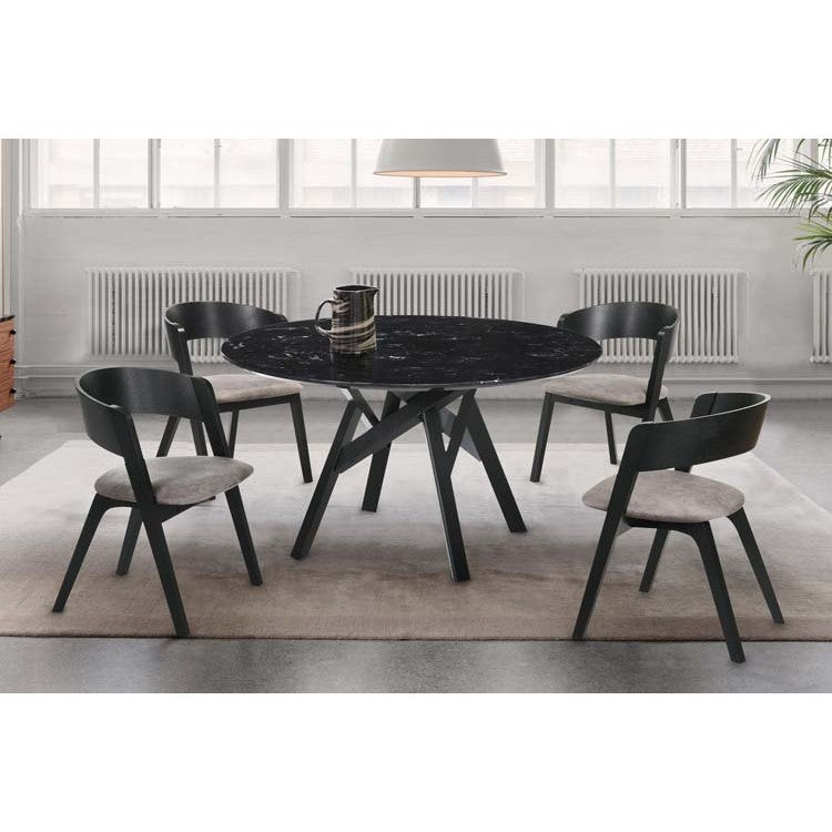 Venus 54" Round Mid-Century Modern Black Marble Dining Table with Black Wood Legs