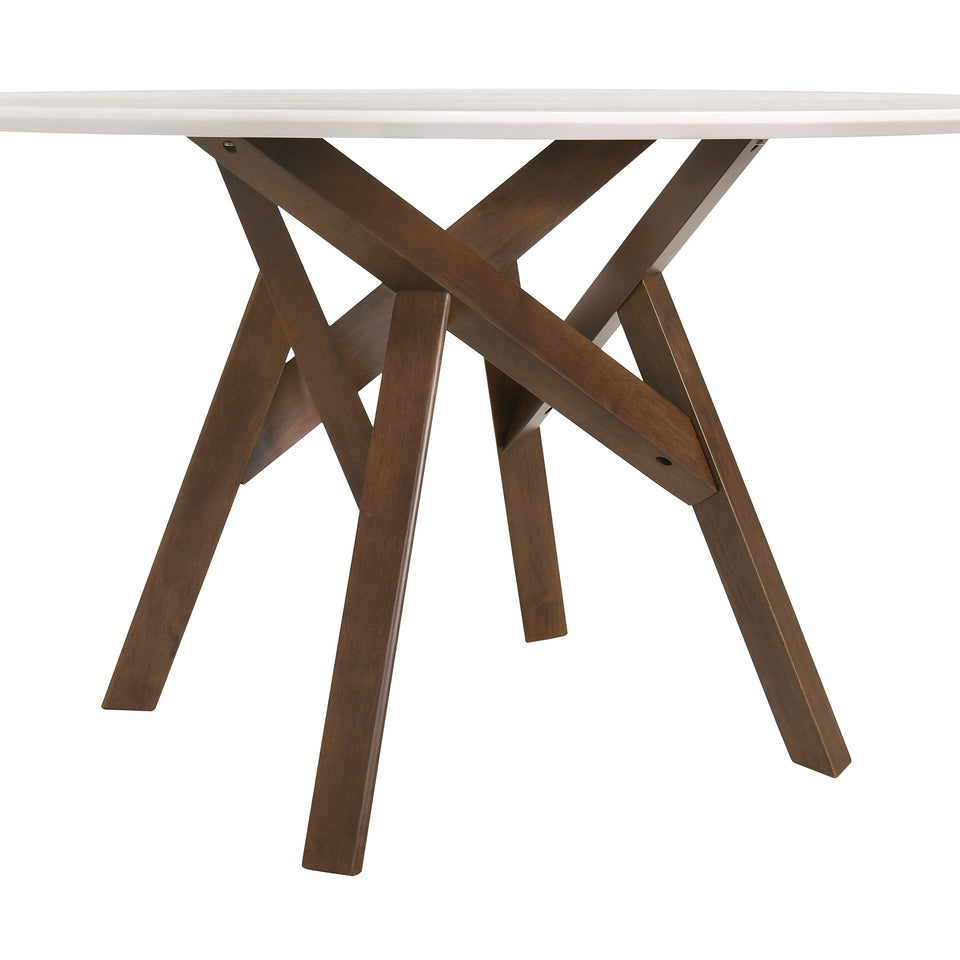 Venus 54" Round Mid-Century Modern White Marble Dining Table with Walnut Wood Legs