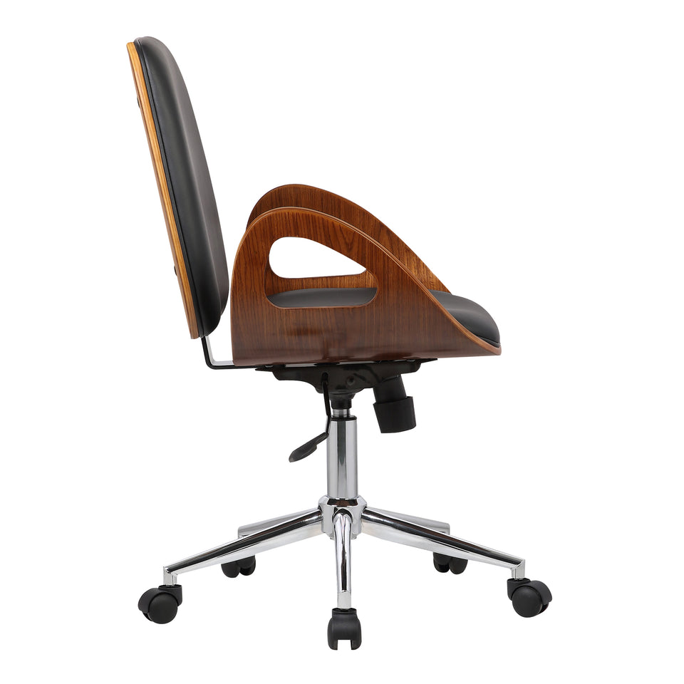 Wallace Mid-Century Office Chair in Chrome finish with Black Faux Leather and Walnut Veneer Back