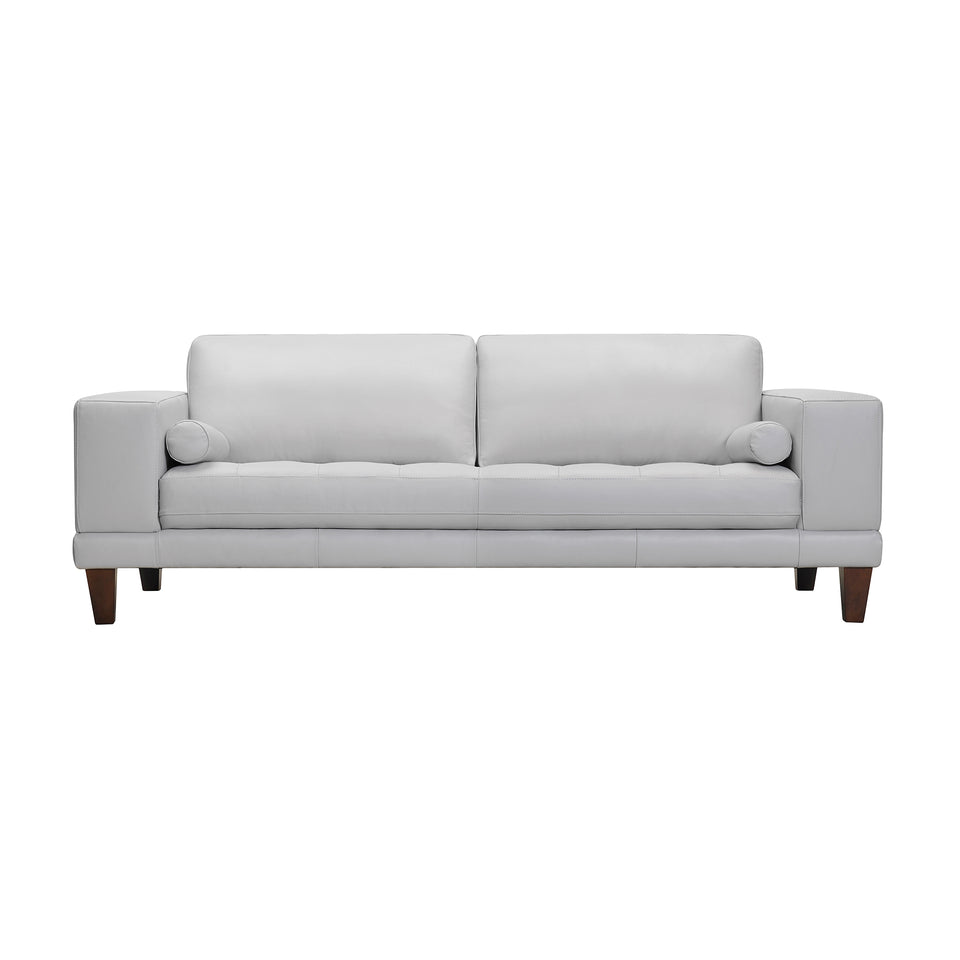 Wynne Contemporary Sofa in Genuine Dove Gray Leather with Brown Wood Legs