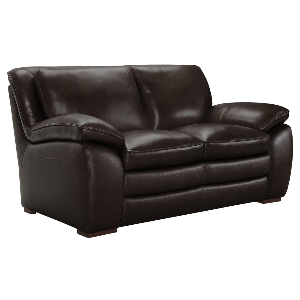 Zanna Contemporary Loveseat in Genuine Dark Brown Leather with Brown Wood Legs