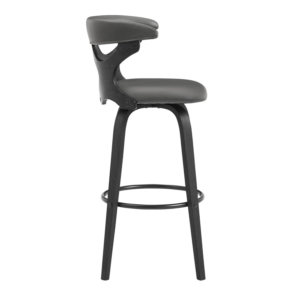 Zenia 30" Swivel Bar Stool in Gray Faux Leather and Black Wood
