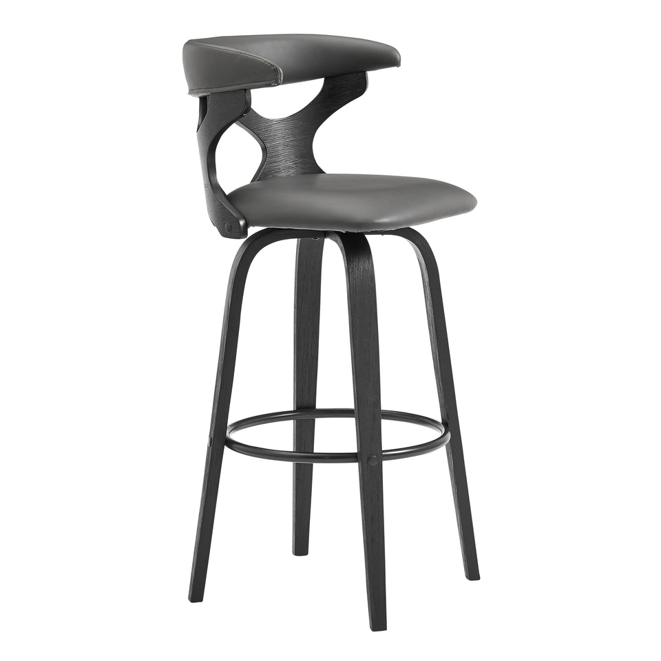 Zenia 30" Swivel Bar Stool in Gray Faux Leather and Black Wood