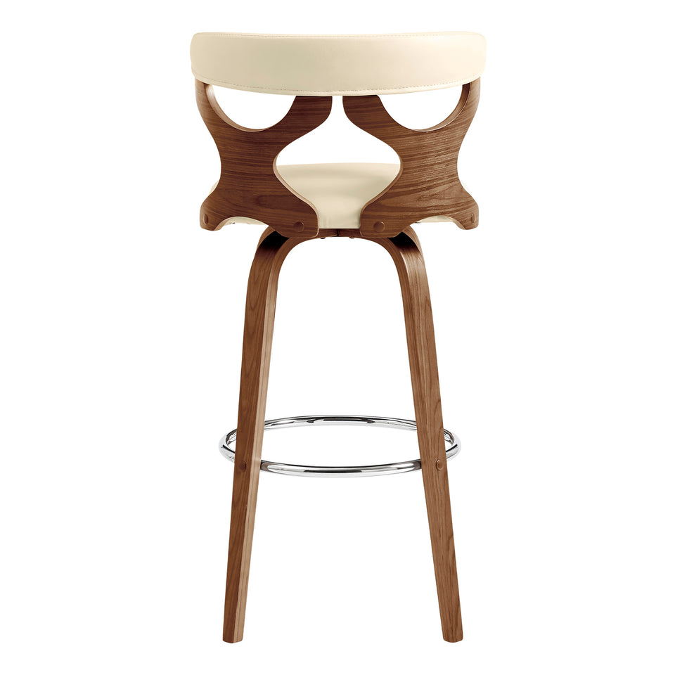 Zenia 26" Swivel Counter Stool in Cream Faux Leather and Walnut Wood