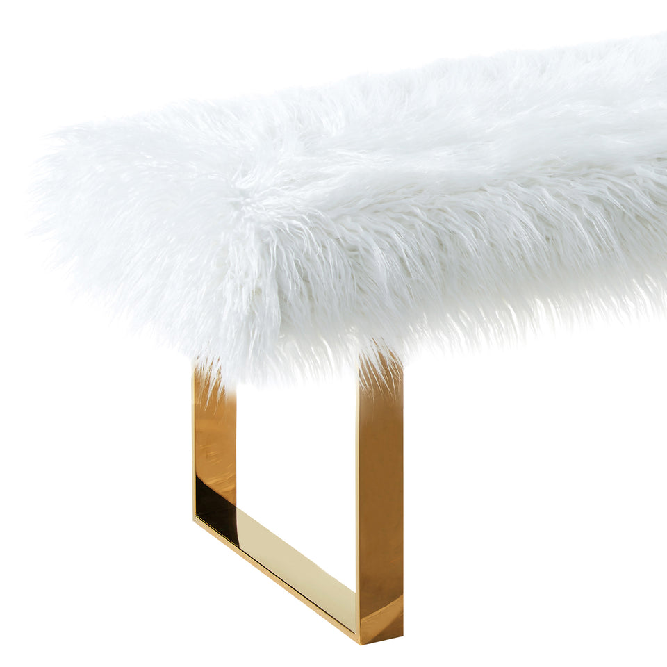 Zinna Contemporary Bench in White Fur and Gold Stainless Steel Finish