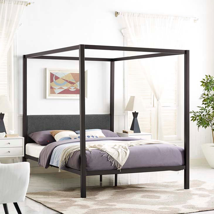 RAINA QUEEN CANOPY BED FRAME IN BROWN GRAY.
