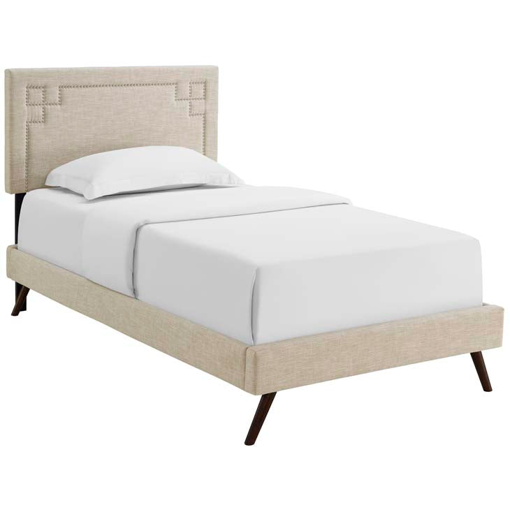 RUTHIE FABRIC PLATFORM BED WITH ROUND SPLAYED LEGS IN AZURE.