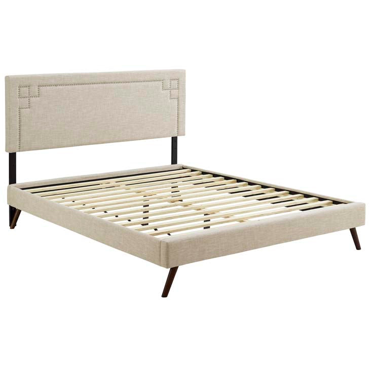 RUTHIE FABRIC PLATFORM BED WITH ROUND SPLAYED LEGS IN AZURE.