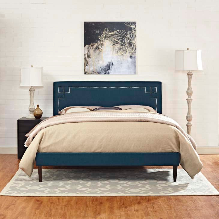 RUTHIE FABRIC PLATFORM BED WITH SQUARED TAPERED LEGS.