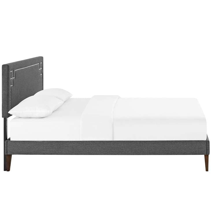 RUTHIE FABRIC PLATFORM BED WITH SQUARED TAPERED LEGS.