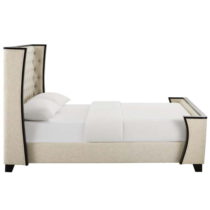 Galia Queen Upholstered Linen Fabric Platform Bed in Beige.
