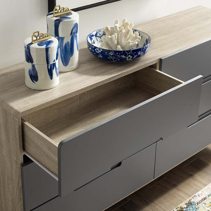 Origin Six-Drawer Wood Dresser in Natural Gray.