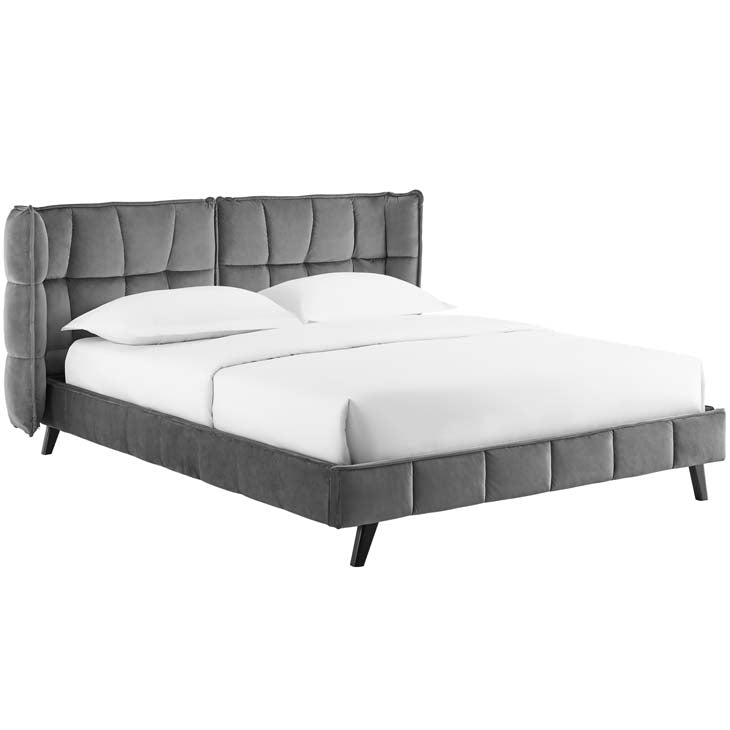 Makenna Queen Upholstered Platform Bed in Gray Velvet.