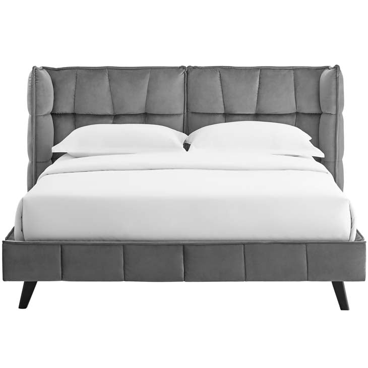 Makenna Queen Upholstered Platform Bed in Gray Velvet.
