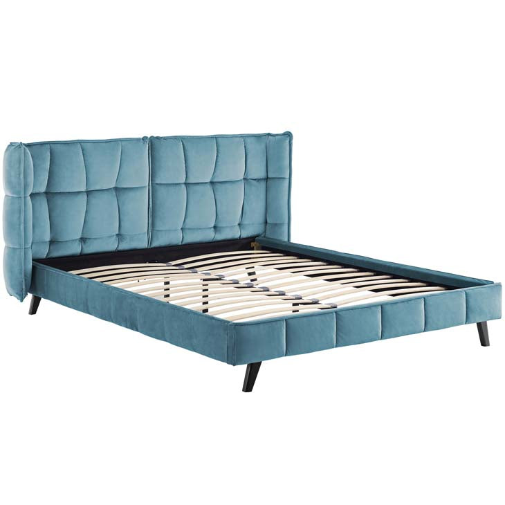 Makenna Queen Upholstered Platform Bed in Sea Velvet.