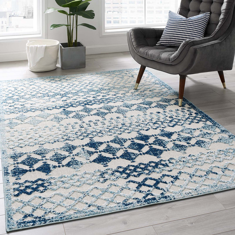 Reflect Giada Abstract Diamond Moroccan Trellis Indoor/Outdoor Area Rug in Ivory and Blue.