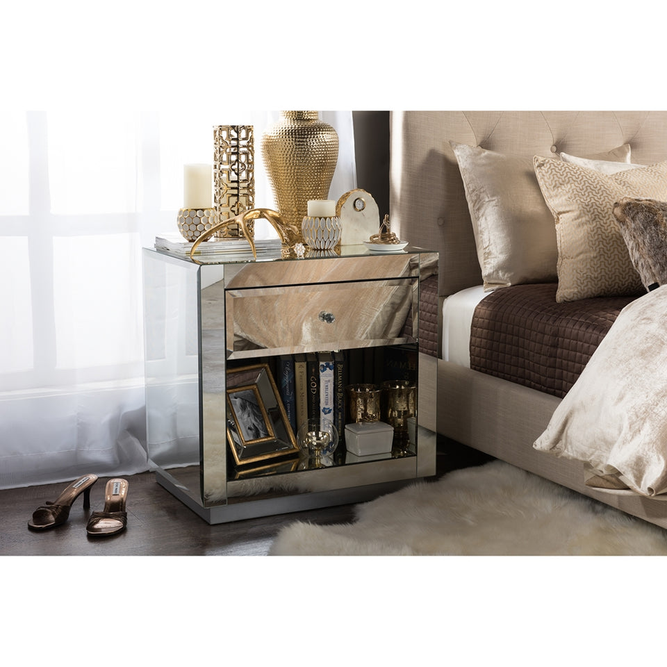 Rochadh modern and contemporary Hollywood glamour style 1-drawer and 1-shelf nightstand and bedside table.