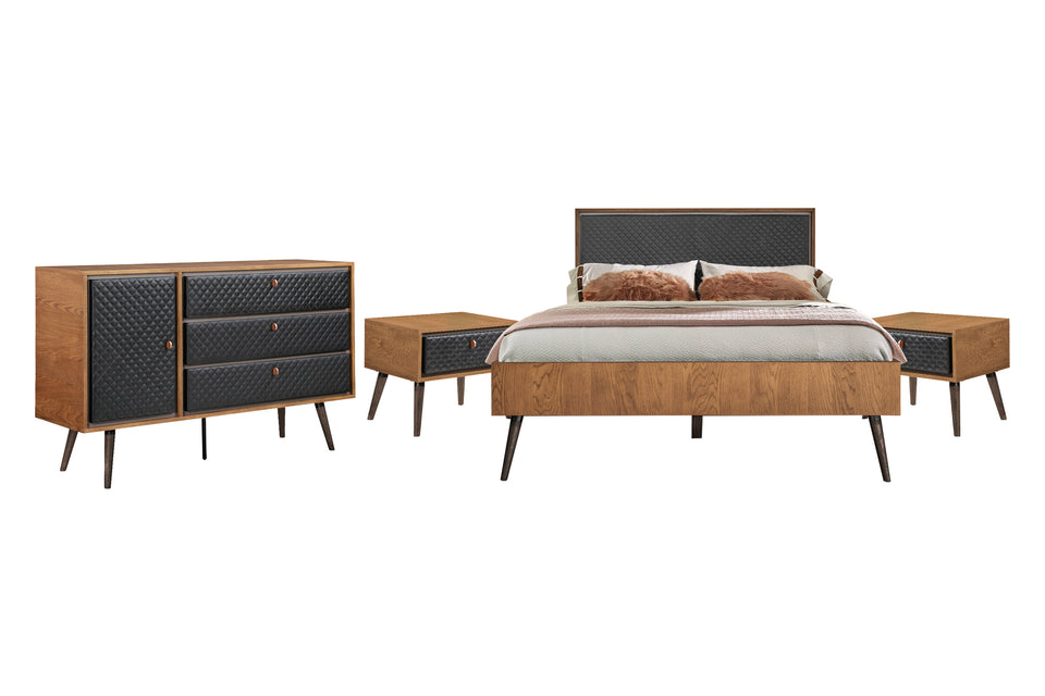 Coco Rustic 4 piece Upholstered Platform Bedroom Set in Queen with Dresser and 2 Nightstands