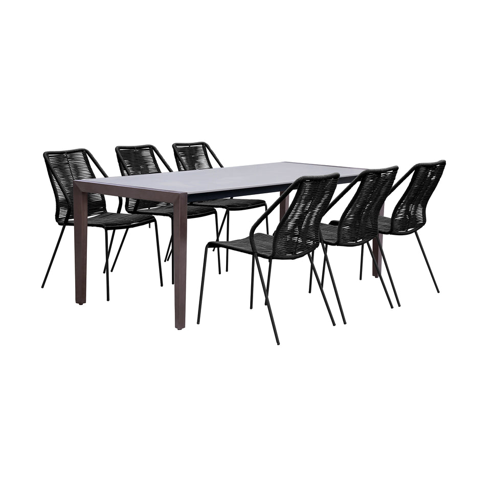 Fineline and Clip Indoor Outdoor 7 Piece Dining Set in Dark Eucalyptus Wood with Superstone and Black Rope