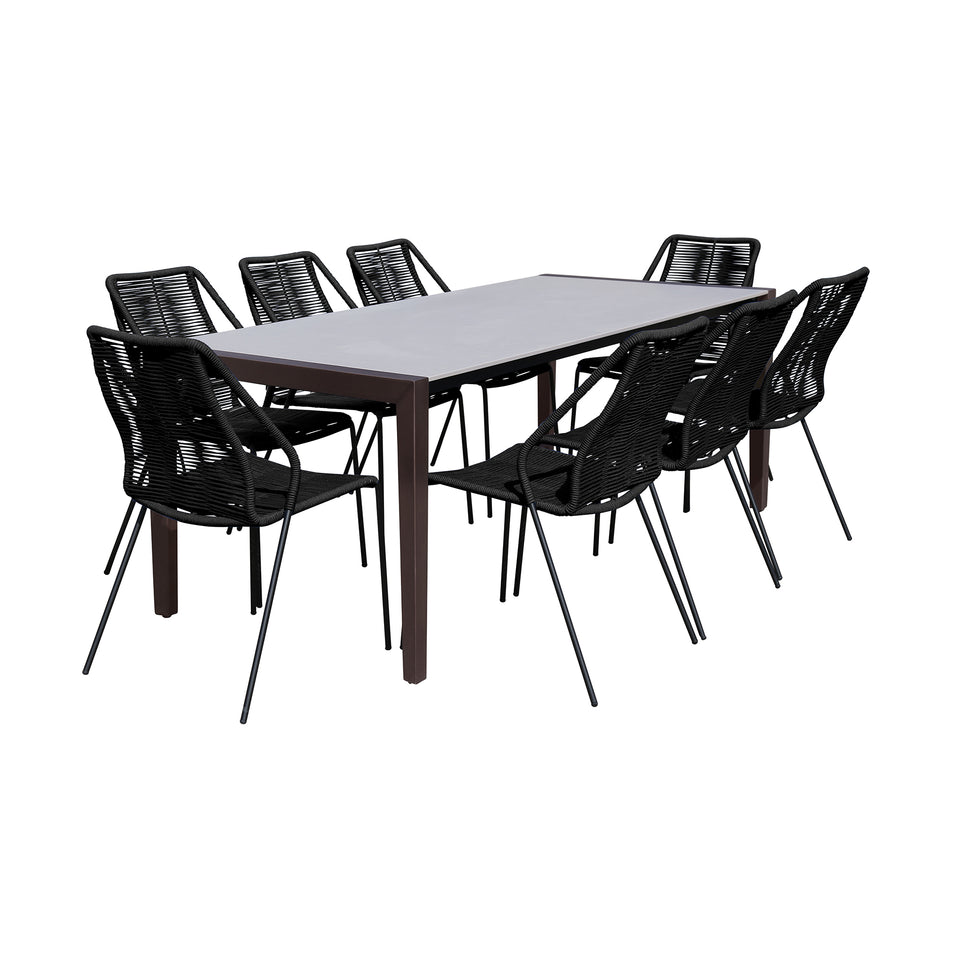 Fineline and Clip Indoor Outdoor 9 Piece Dining Set in Dark Eucalyptus Wood with Superstone and Black Rope