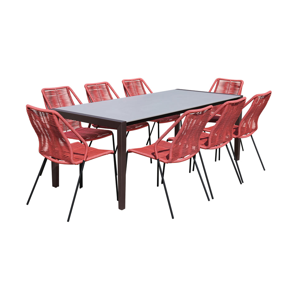 Fineline and Clip Indoor Outdoor 9 Piece Dining Set in Dark Eucalyptus Wood with Superstone and Brick Red Rope