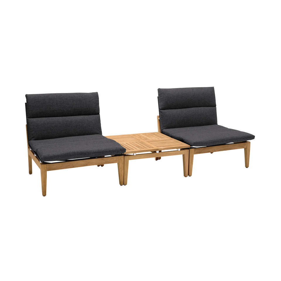 Arno Outdoor 3 Piece Teak Wood Seating Set in Charcoal Olefin