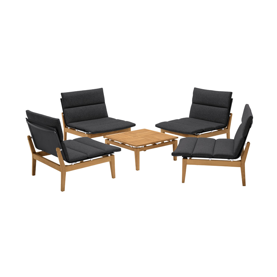 Arno Outdoor 5 Piece Teak Wood Seating Set in Charcoal Olefin