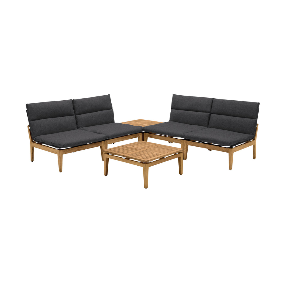 Arno Outdoor 6 Piece Teak Wood Seating Set in Charcoal Olefin
