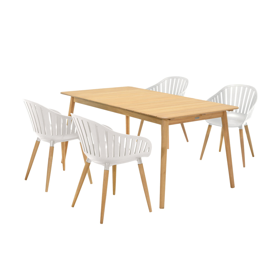Nassau 5 piece Outdoor Dining Set in Natural Wood Finish Table and Sand Taupe Arm Chairs