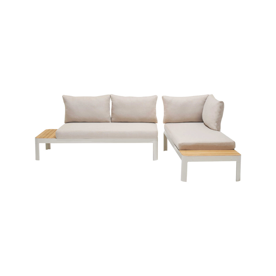 Portals Outdoor 2 Piece Sofa Set in Light Matte Sand Finish with BeigeCushions and Natural Teak Wood Accent