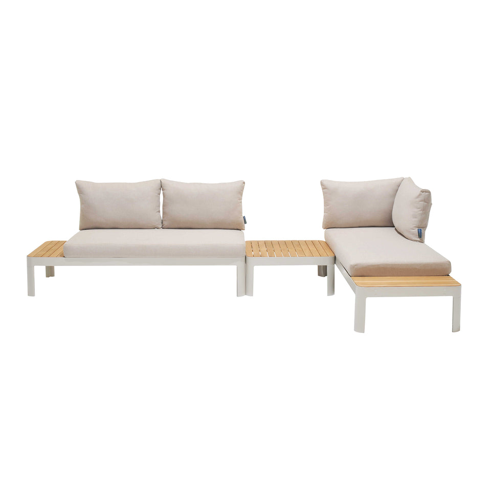 Portals Outdoor 3 Piece Sofa Set in Light Matte Sand Finish with Natural Teak Wood Top Accent