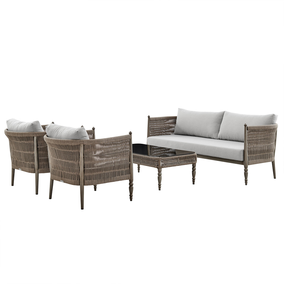Safari 4 Piece Outdoor Aluminum and Rope Seating Set with Beige Cushions