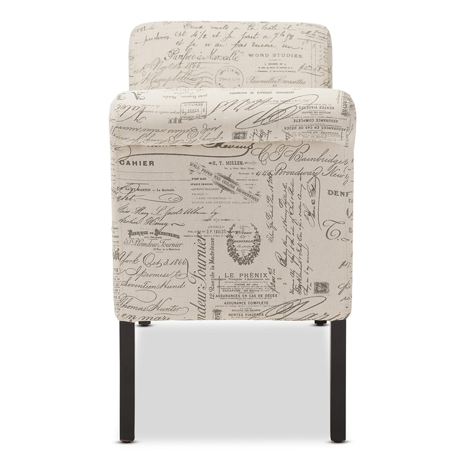 Avignon script-patterned French laundry fabric storage ottoman bench.